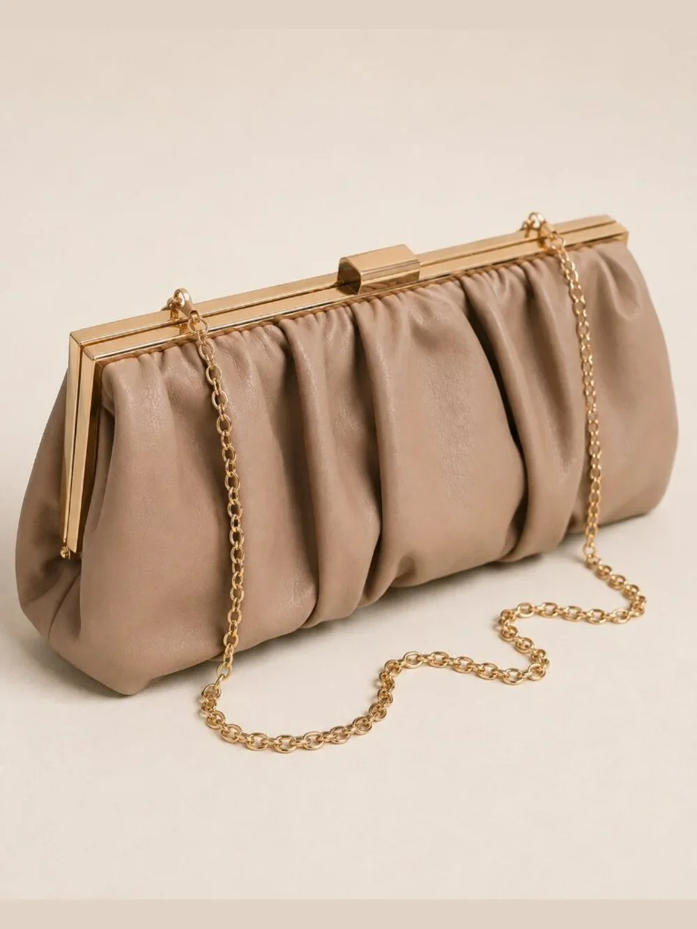 Jessica McClintock Taupe Ruched Clutch Gold Chain Evening Bag